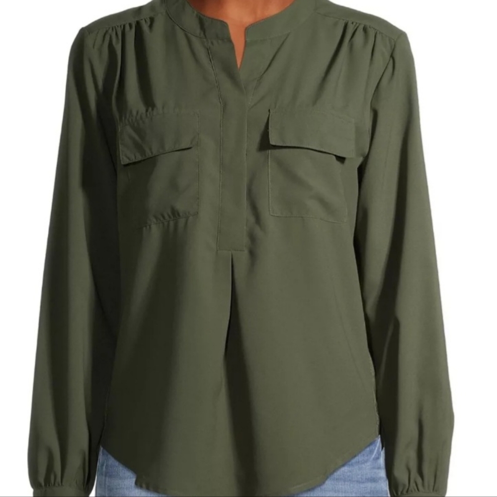 Time and Tru Women's Olive Green LS Double Chest Pockets Utility Shirt SZ XXL